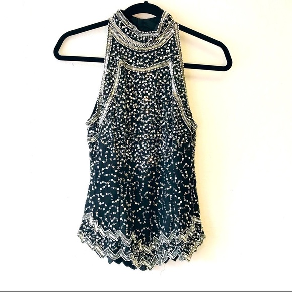 Vintage Sequin Beaded Bedazzled Choker Neck Silk Blouse Small - Picture 1 of 10